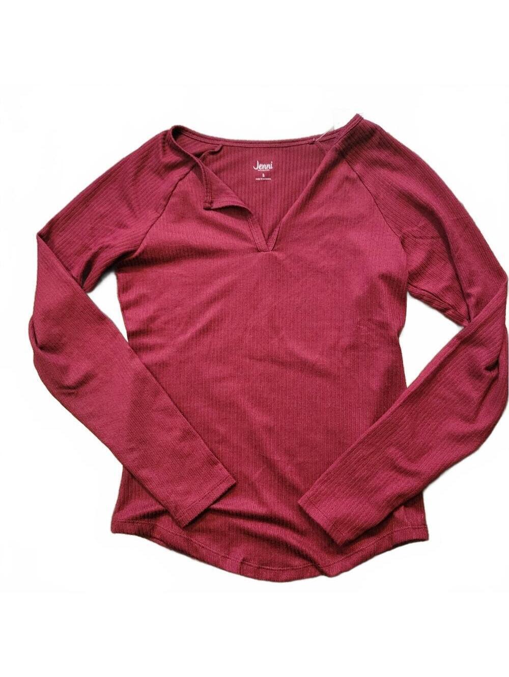 NWT Jenni Split V Neck Ribbed Cranberry Long Sleeve Shirt